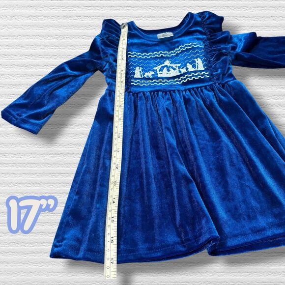 Girls Blue Velvet Nativity Dress 2T Christmas Long Sleeve Ruffle Holiday - Picture 5 of 7